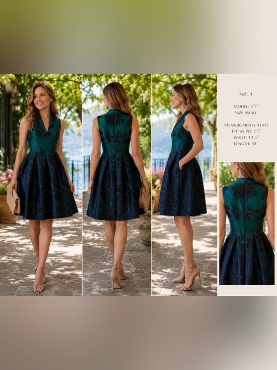 Vince Camuto Dresses & Skirts - Vince Camuto Emerald & Navy Floral Jacquard Fit & Flare Cocktail Dress Sz 4